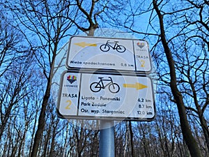 Bicycle route direction signs in the wods around Katowice, Poland