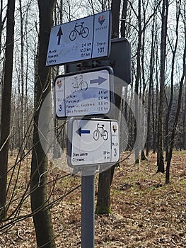 Bicycle route direction signs in the wods around Katowice, Poland