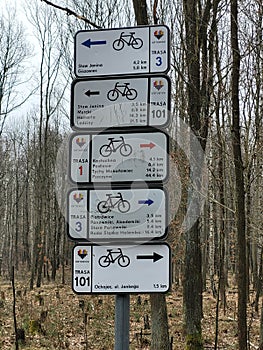 Bicycle route direction signs in the wods around Katowice, Poland