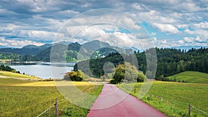 Bicycle route leading around Czorsztyn Lake - Velo Czorsztyn. View at Pieniny Mountains. Beautiful, rural, mountain landscape on photo