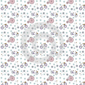 Bicycle seamless pattern, pink and blue, elegant. Kick scooter