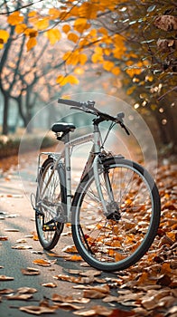 Bicycle serenity White bike stands peacefully in the quiet park