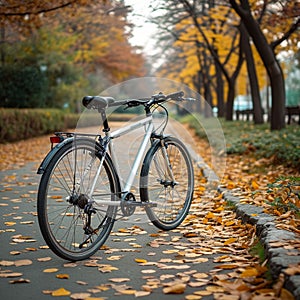 Bicycle serenity White bike stands peacefully in the quiet park