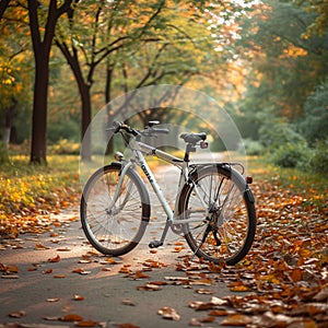 Bicycle serenity White bike stands peacefully in the quiet park