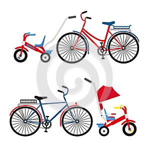 Bicycle Set for family ride. Set riding bikes isolated on white background. Vector flat illustration