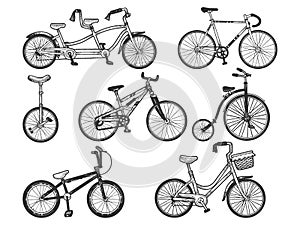 Bicycle set sketch engraving vector illustration