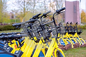 Bicycle sharing in Europe. A healthy walk. quick ride.World Cycling Day June 3 Sports bike.Healthy lifestyle and sport in the city