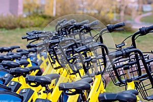 Bicycle sharing in Europe. A healthy walk. quick ride.World Cycling Day June 3 Sports bike.Healthy lifestyle and sport in the city