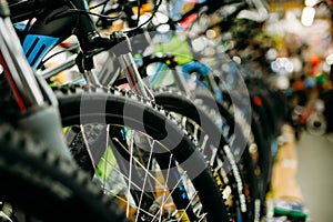 Bicycle shop, rows of new bikes, cycle sport store