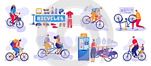 Bicycle shop set of isolated vector illustration. Bikes and bicycles store, repair shop service. Cycles wheels