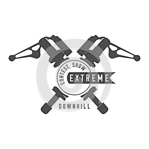 Bicycle Show, Extreme Bikes Contest Emblem. Crossed Rear Shock Absorbers, Ribbon Banner. Monochrome Vector Illustration