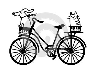 Bicycle silhouette with happy dog and cat in wicker basket. Vector graphic illustration of romantic bike isolated on white