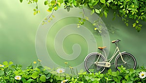 A bicycle is sitting in a field of green grass by AI generated image