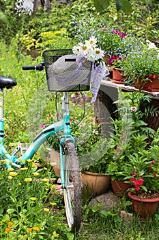 Bicycle stands with a basket stands in the garden
