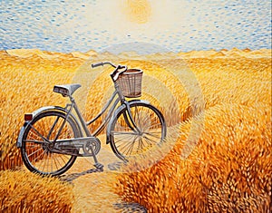 Bicycle stands in the wheat field on a sunny day