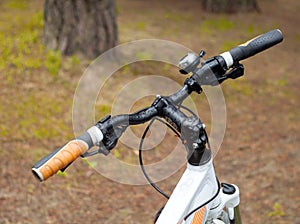 Bicycle steering wheel on a blurred background of grass and tree trunks