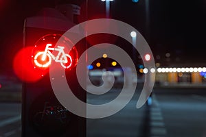 Bicycle stop red warning lamp sign on traffic light road highway driveway drive crossroad intersection evening dark time