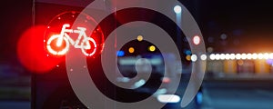 Bicycle stop red warning lamp sign on traffic light road highway driveway drive crossroad intersection evening dark time