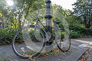 Bicycle in the street, chained to a lamp post