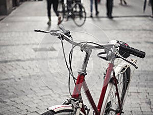 Bicycle on street with People walking city Travel ecology lifestyle Europe city photo