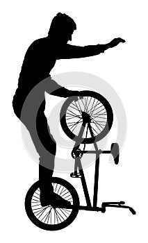 Bicycle stunts silhouette. Extreme sportsman trick with bike.