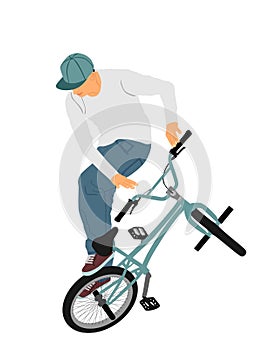 Bicycle stunts vector illustration isolated on white background.  Freestyle ace ride performed trail bike tricks. Young man stunt