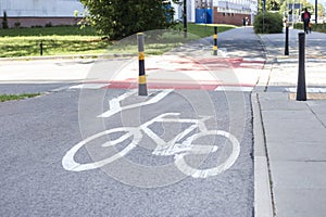 Bicycle symbol on designated track. Empty bike Lane in the city