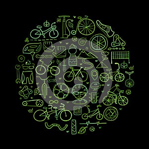 Bicycle time. Types of bicycles, tools and spare parts. Abstract circle frame for your design