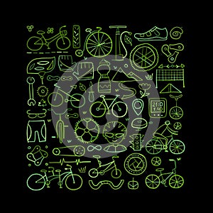 Bicycle time. Types of bicycles, tools and spare parts. Abstract square frame for your design. Green and black colors