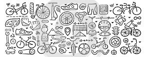 Bicycle time. Types of bicycles, tools and spare parts. Horizontal frame for your design - print, cards, t-shirts etc