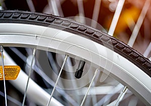 Bicycle tire close-up. Bicycle shop