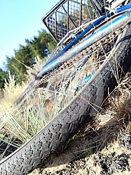 bicycle tire close up on grass background