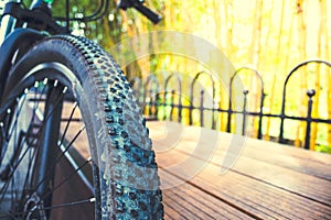 bicycle tire lying on the park bench photo