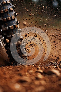 bicycle tire tracks in the sand, macro shot of dirt kicked up by a tire