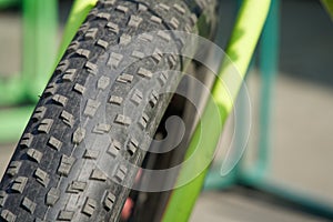 Bicycle tires and Bicycle wheel in a row close-up wheel detail, bicycle spoke.