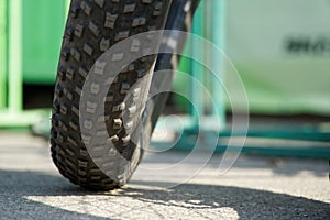 Bicycle tires and Bicycle wheel in a row close-up wheel detail, bicycle spoke.