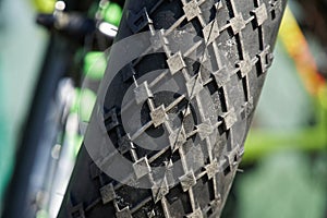 Bicycle tires and Bicycle wheel in a row close-up wheel detail, bicycle spoke.