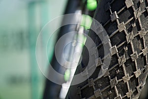 Bicycle tires and Bicycle wheel in a row close-up wheel detail, bicycle spoke.