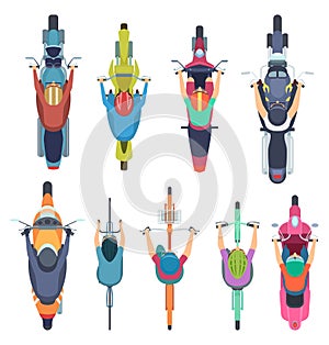 Bicycle top view. People driving bike in helmet riders moped and cycle road traffic vector illustrations