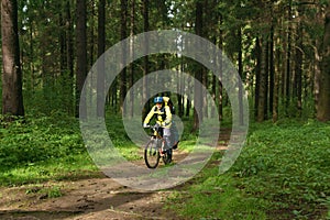 Bicycle tourist in the autumn forest