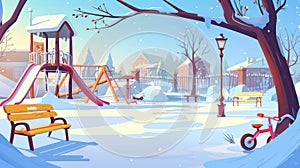 Bicycle, toy, sandbox and seesaw kindergarten outdoor equipment illustration for game. Children recreation and amusement