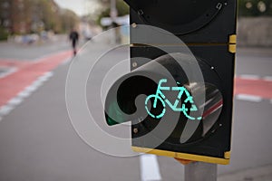 bicycle traffic light in yellow housing showing green while pedestrians crosses the way at european inner city intersection