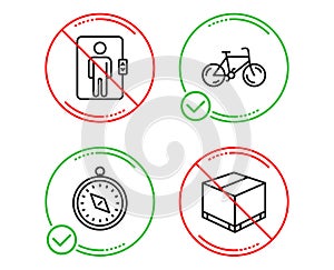 Bicycle, Travel compass and Elevator icons set. Delivery box sign. Vector