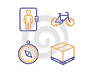 Bicycle, Travel compass and Elevator icons set. Delivery box sign. Vector