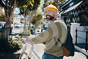 Bicycle, travel and portrait of man in city for commute, adventure and journey for weekend, holiday or vacation. Fashion