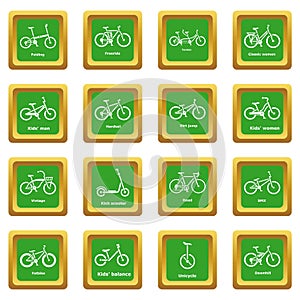 Bicycle types icons set green square