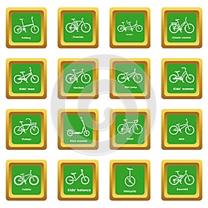Bicycle types icons set green square vector