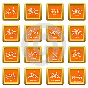 Bicycle types icons set orange square vector