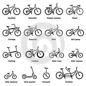 Bicycle types icons set, simple style