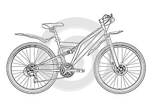 Bicycle vector contour drawing, monochrome, black and white sketch, silhouette, coloring book. Outline picture bike half-face with